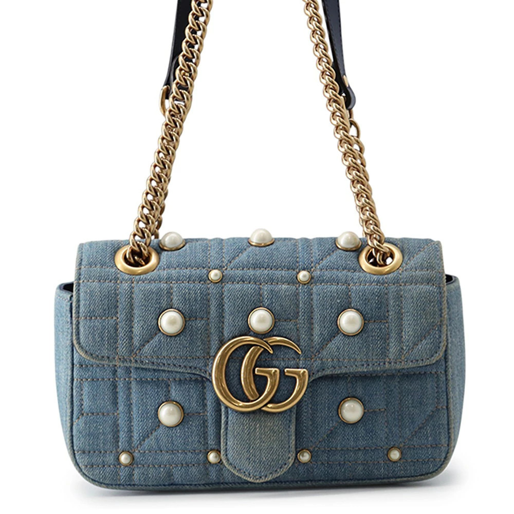 Gucci Chain GG Marmont Denim Pearl Shoulder Bag Black